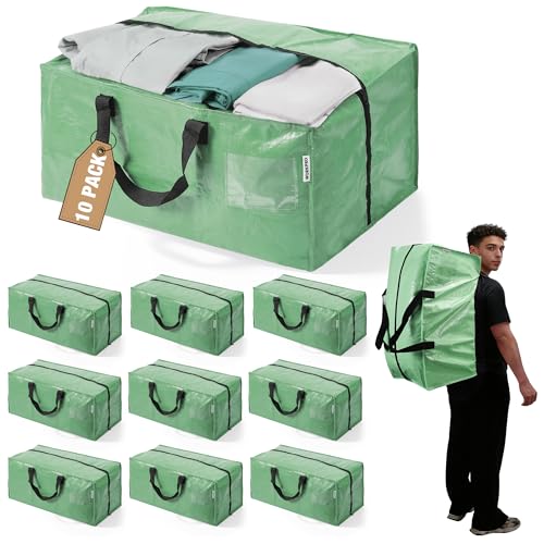 WORKPRO 10 Pack Extra Large Moving Bags with Backpack Straps & Handles | Heavy Duty Moving Storage Bags, Green, Double Zippers for Back to School, Dorm, Moving, Closet Storage & Travel - color: Green, size: 10 Pack
