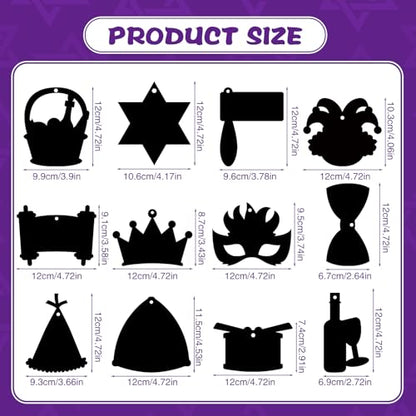 FEBSNOW 48 PCS Purim Crafts for Kids Rainbow Magic Scratch Art Paper Cards for Purim Party Favors Hanging Ornaments Classroom Activities Project DIY Crafts Gift - style: Purim