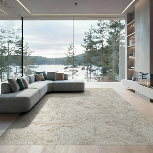 8'x10' Washable Flatwoven Rug, Beige Graphic Wave Stain Resistant Extra Large Carpet Non-Slip Chair-Friendly Mat for Dining Room, Large Office, Lounge | Ref:2067337 - color: Beige/Pattern 34, size: 8' x 10' (Rectangular)