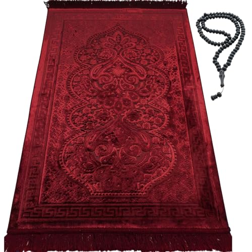 Modefa Luxury Velvet Prayer Rug with Prayer Beads | Soft Elegant Muslim Turkish Janamaz Sajada Carpet for Men and Women | Plain Solid Prayer Mat Ramadan Eid Gift - Paisley (Red) - color: Red