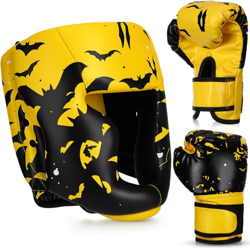 Arrowbash Boxing Headgear and Gloves Set for Kids 6oz Boxing Gloves and Wrestling Headgear Sparring Equipment for Boxing Kickboxing Muay Thai BJJ Karate Training - color: Yellow & Black, style: Bat