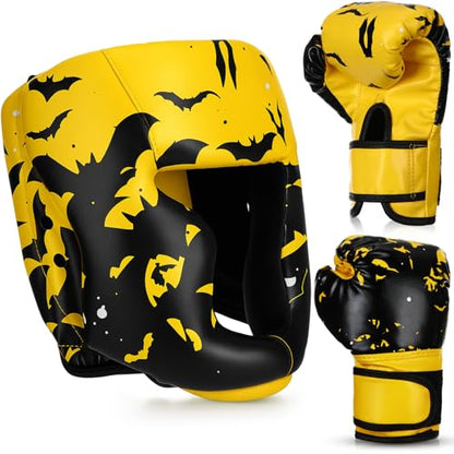 Arrowbash Boxing Headgear and Gloves Set for Kids 6oz Boxing Gloves and Wrestling Headgear Sparring Equipment for Boxing Kickboxing Muay Thai BJJ Karate Training - color: Yellow & Black, style: Bat