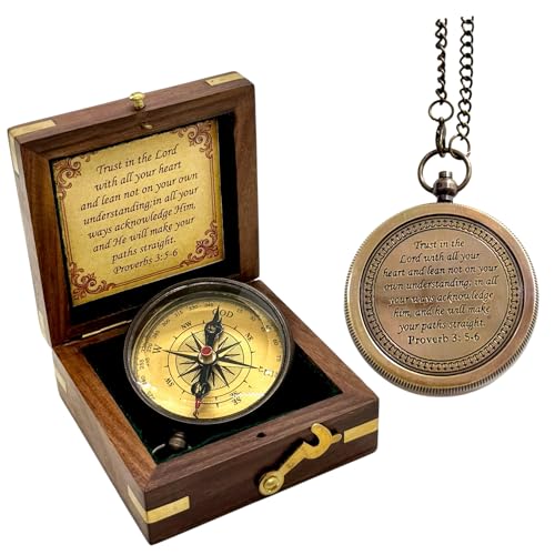 Trust Lord Compass – Religious Brass Compass Gift with Bible Proverb Engraved – Christian Inspirational Gift for Men, Faith-Based Graduation, Birthday, Gift for Son, Holy Gift - style: Trust Lord - Brown Locket