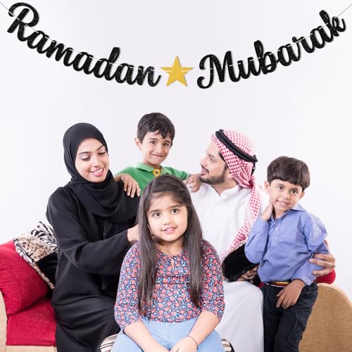 Ramadan Mubarak Banner - Ramadan Mubarak Decorations, Muslim Eid Mubarak Kareem Bunting Sign, Muslim Islamic Festival Party Decorations Black Glitter