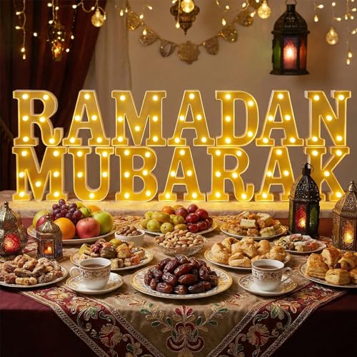 Aurelema Sukkot Large LED Letter Sign LED Lights Battery Powered Table Decoration for Party Gift Tabletop Decoration(Glossy Ramadan) - size: 8.27 inches, style: Glossy Ramadan