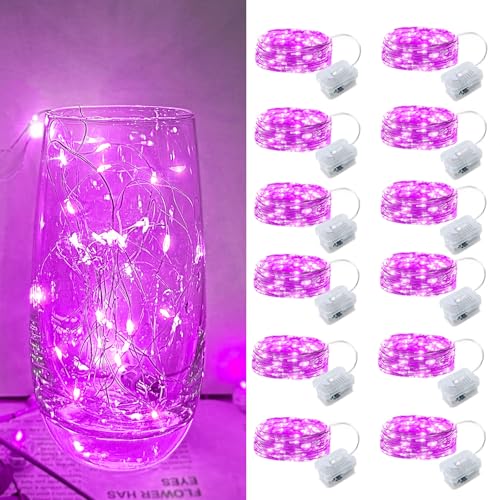 Pink Led Fairy Lights Battery Operated, 12 Pack LED Mini String Lights, 7FT 20LED Silver Wire Firefly Starry Moon Lights Fairy String Light for Gender Reveal Party Wedding Valentine Mothers Day Decor - color: Pink