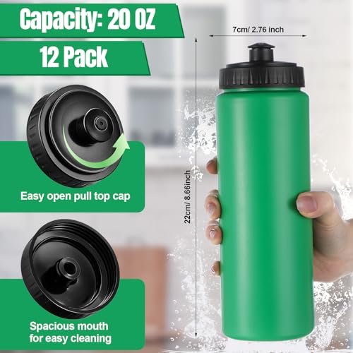 LemonRoad 12 Pack Squeeze Water Bottles Reusable 20 oz Plastic Sports Water Bottle with Pull Top Lid, Bike Cycling Gym Sport, Dishwasher Safe(Green) - color: Green