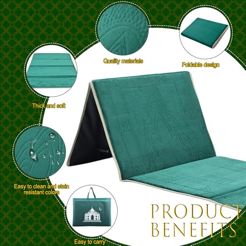 Foldable Muslim Prayer Mat with Back Rest Support, Thick Padded Islamic Prayer Rug, Travel Portable Carpet for Women Men, janamaz, Sajadah, Meditation Prayer Ramadan Eid Gift with Hat and 33 Beads - color: DARK GREEN
