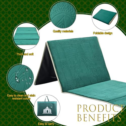 Foldable Muslim Prayer Mat with Back Rest Support, Thick Padded Islamic Prayer Rug, Travel Portable Carpet for Women Men, janamaz, Sajadah, Meditation Prayer Ramadan Eid Gift with Hat and 33 Beads - color: DARK GREEN