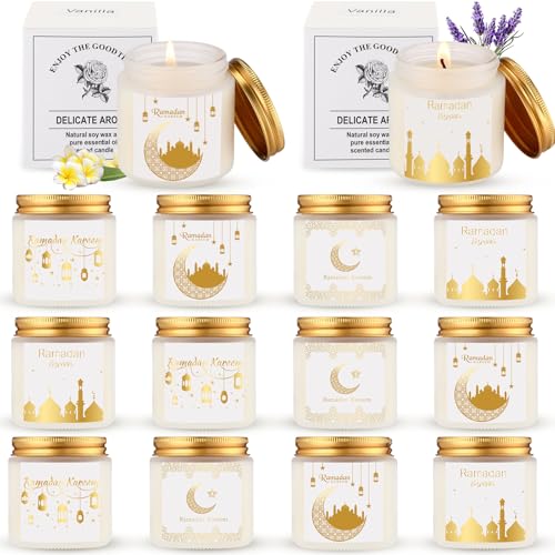 MTLEE 12 Pcs Ramadan Gifts Ramadan Mubarak Scented Candles Jar Eid Candles Eid Mubarak Muslim Scented Light Islamic Party Favors Gifts for Home Muslim Islam Festival Holiday Decor (White) - color: White