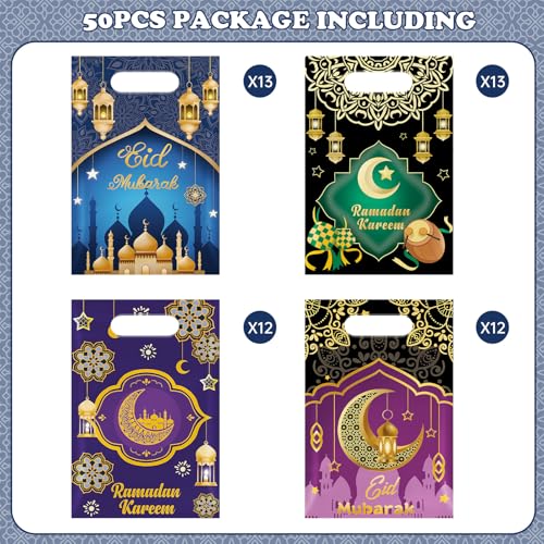 50 Pcs Ramadan Gift Bags with Handles - Eid Mubarak Goodie Bag, Ramadan Kareem Plastic Goody Candy Cookie Snack Treat Party Favor Bags Bulk for Islamic Muslim Eid Mubarak Party Supplies Favors,4 Style - color: Ramadan