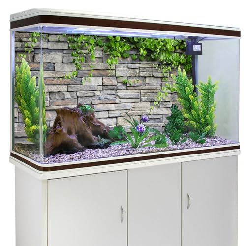 72x24 in Stone Brick Wall Aquarium Backdrop Leaves Fish Tank Background | AWERT Rock Green Leaves Terrarium Background Vinyl - size: 72x24in/180x60cm