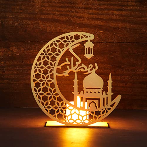 Honoson Eid Crafts Night Light Ramadan Mubarak Light 3D Wooden Moon Shape Decoration, Ramadan Mubarak Lamp Eid Ornaments for Muslims, Islamic Table Decor, 5.8 x 5.5 Inch(Letter) - style: Letter