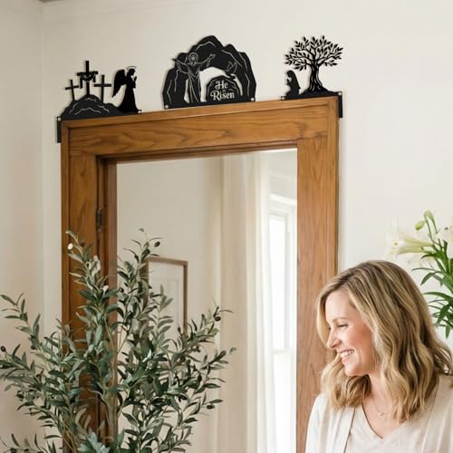 Blulu 3 Pcs Easter Door Decorations Metal He Is Risen Door Toppers Religious Easter Frame Corner Sign for Spring Christian Cabinet Shelf Window Wall Home Office Kitchen Church Decor(Religious) - style: Religious