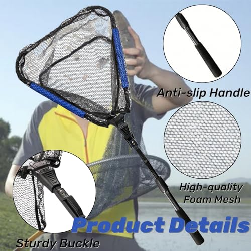 Noamus Floating Fishing Net, 35" Fishing Landing Net with Collapsible Telescopic Pole Handle, Rubber Coated Mesh Folding Fly Fish Net for Salmon Steelhead Bass Trout Walleye Kayak, Fresh Salt Water