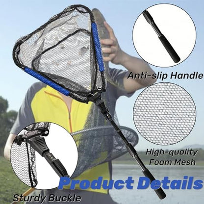Noamus Floating Fishing Net, 35" Fishing Landing Net with Collapsible Telescopic Pole Handle, Rubber Coated Mesh Folding Fly Fish Net for Salmon Steelhead Bass Trout Walleye Kayak, Fresh Salt Water