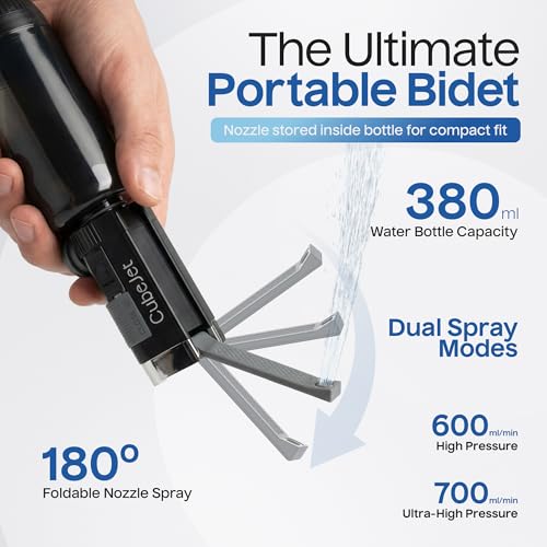 BIDET BUDDY® CubeJet 여행용 휴대용 비데 - 380ml 병, 1100mAh 충전식 배터리, IPX6 방수 지팡이 스타일 노즐, 캠핑 및 가정용 USB-C 고압 위생 장치
