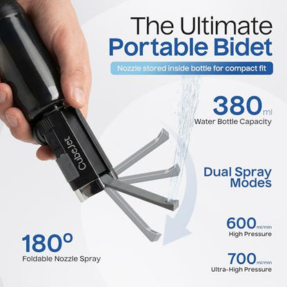 BIDET BUDDY® CubeJet 여행용 휴대용 비데 - 380ml 병, 1100mAh 충전식 배터리, IPX6 방수 지팡이 스타일 노즐, 캠핑 및 가정용 USB-C 고압 위생 장치