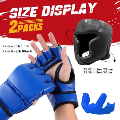 14 Pcs Boxing Set Boxing Equipment Set for Beginners Including 2 Pair of 6 oz Boxing Gloves Headgear Helmet Hand Wraps Mouth Guards Gifts Training Equipment - color: Black & Blue-MMA