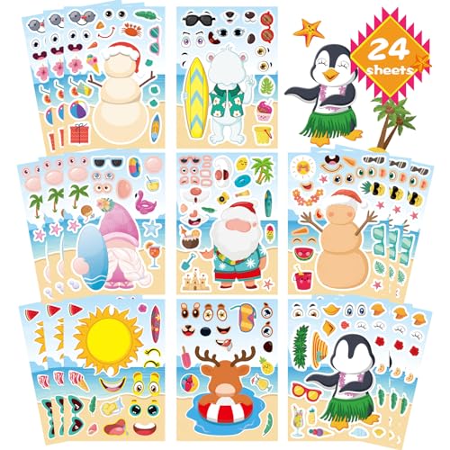 Summer Stickers for Kids, July Christmas Hawaii Tropical Beach Stickers | 24 PCS Make Your Own Mix and Match Sticker with Santa Claus, Reindeer, Penguin, Polar Bear and Snowman, Make a Face Stickers - style: July Christmas Stickers