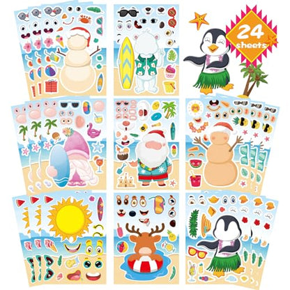 Summer Stickers for Kids, July Christmas Hawaii Tropical Beach Stickers | 24 PCS Make Your Own Mix and Match Sticker with Santa Claus, Reindeer, Penguin, Polar Bear and Snowman, Make a Face Stickers - style: July Christmas Stickers