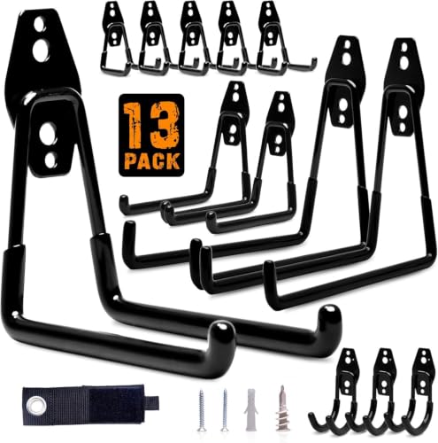 Pack 13 Garage Hooks Heavy Duty | Multi-Sized Wall-Mounted Tool Hangers with Anti-Rust PVC Coating | Heavy Duty Wall Hooks for Bikes, Ladders, Garden Tools, and More with Garage Wall Organizer