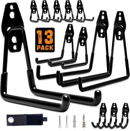 Pack 13 Garage Hooks Heavy Duty | Multi-Sized Wall-Mounted Tool Hangers with Anti-Rust PVC Coating | Heavy Duty Wall Hooks for Bikes, Ladders, Garden Tools, and More with Garage Wall Organizer