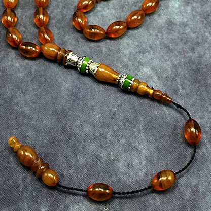 EXCLUSIVE COLLECTION -Handmade Silver Engraved Bakelite Tesbih, Tasbih, Islamic Rosary, Islamic Prayer Beads, Misbaha (7x10 mm 33 Honey Color Rice Beads) - color: 7x10 mm 33 Honey Color Rice Beads