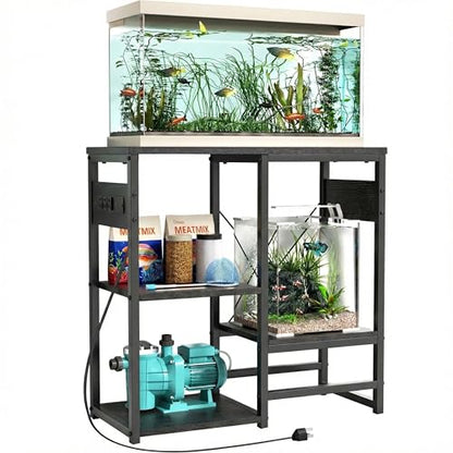 GRLEAF 5-10 Gallon Fish Tank Stand with Power Outlets, 4 Tier Metal Aquarium Stand with Wood Storage Shelves, 20.3" L x 10.6" W x 30.3" H Turtle Reptile Fish Tank Table Aquarium Table - Black - size: 5-10 Gallon