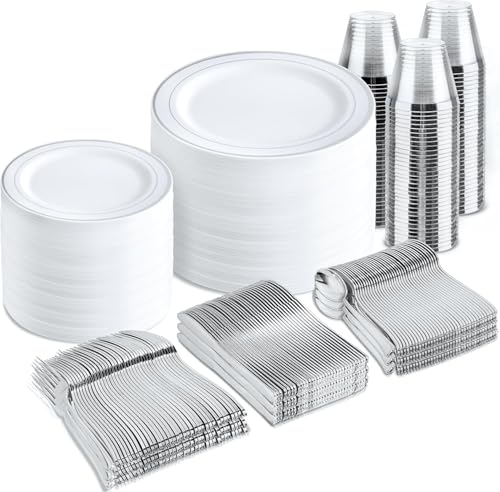 bUCLA 600pcs Silver Plastic Dinnerware Set for 100 Guests - Silver Christmas Dinnerware Set Disposable for Party - Include 100 Dinner Plates,100 Dessert Plates,100Cups,100 Knives,100 Forks,100 Spoons - color: Silver