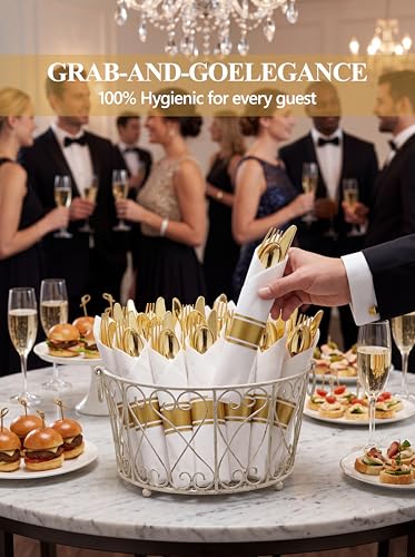 Supernal 30 Pack Pre Rolled Gold Plastic Silverware with Linen Feel Napkins, Heavy Duty Disposable Wrapped Cutlery Set for Weddings, Graduation Parties 2026, Upscale Catering & Events - color: Gold, size: 30 Pack