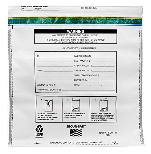 Secur-Pak Deposit Bags - Pack of 100 - Bill Capacity, 15,000 - Premium, Level 4 Security Tamper Evident, White Security Bags - Self Sealing, Opaque 2.5 Mil Plastic - 24" x 24" - SECUR-PAK - color: White, size: 24x24 (15000 cap)