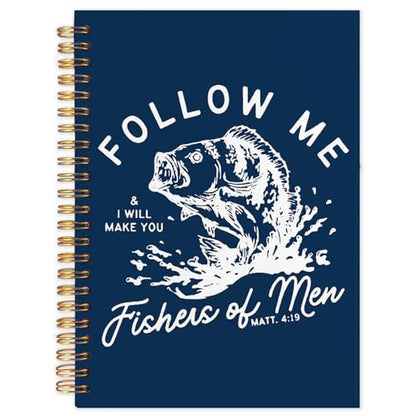 WUCHJ Dark Blue Retro Fish Christian Notebook, Matthew 4:19 Bible Verse Journal, Religious Scripture Spiral Notebook Journal for Note Taking, Christian Faith Based Gifts for Women Men, 5.5x8.3 Inch - color: dark blue fish follow me