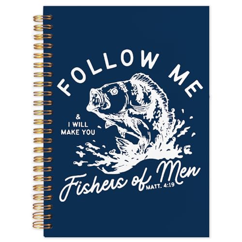 WUCHJ Dark Blue Retro Fish Christian Notebook, Matthew 4:19 Bible Verse Journal, Religious Scripture Spiral Notebook Journal for Note Taking, Christian Faith Based Gifts for Women Men, 5.5x8.3 Inch - color: dark blue fish follow me