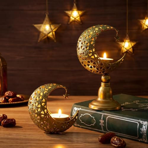 2 Pcs Ramadan Decorations for Home Golden Moon Shape Candle Holder Metal Candlestick Holder Eid Mubarak Table Centerpiece Decor for Birthday Wedding Church