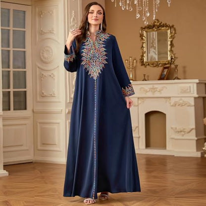 OBEEII Abayas for Women Muslim Applique Embroidery Long Sleeve Maxi Dress Loose Full Cover Islamic Dubai Robe Kaftan Abayas - color: Navy Blue, size: Small