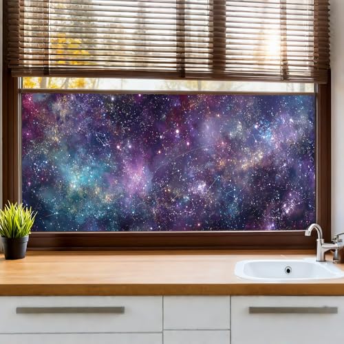Window Privacy Film 39.37 x 17.3 in Purple Blue Galaxy Stars Cling | Galaxy and star artwork brings a dreamy cosmic look while adding privacy to bedroom, game room, office and glass doors. - color: Colorful Window#06