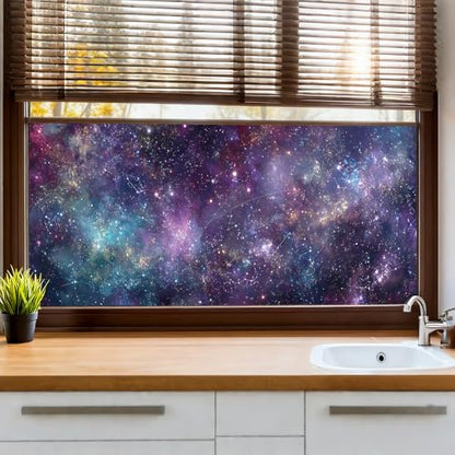 Window Privacy Film 39.37 x 17.3 in Purple Blue Galaxy Stars Cling | Galaxy and star artwork brings a dreamy cosmic look while adding privacy to bedroom, game room, office and glass doors. - color: Colorful Window#06