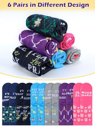 Hercicy 6 Pairs Christian Socks for Women, Inspiration Words Religious Bible Verse Jesus Church Faith Socks Bulk Gifts