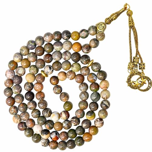 Amazing Gemstone Crystal Tasbeeh with Moon and Star Charm - Certified Crystal Muslim Prayer Beads Natural Gemstone Tasbih Gift for Ramadan Dhikr and Daily Namaz (G) - color: Brown Opal