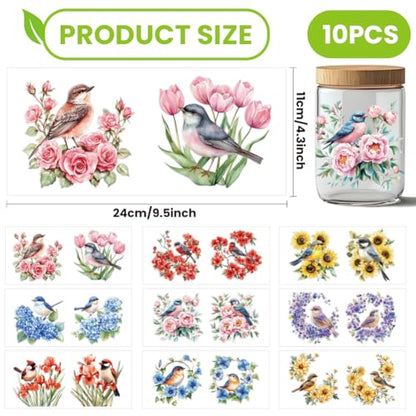 arricraft 10 Pcs Birds and Flowers Theme Cup Printing UV Transfer Papers, 10 Styles Various Birds Roses Tulips UV DTF Cup Wrap Stickers for 16 OZ Glass Cups Crafts 9.5x4.3inch - style: Birds and Flowers Theme