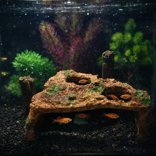 Large Resin Aquarium Cave Hideout, Fish Tank Rock Decor with 2 Top Viewing Holes and Side Viewing Window, Shelter for Betta, Shrimp and Small Fish, 8.3 x 7.5 x 3.5 in
