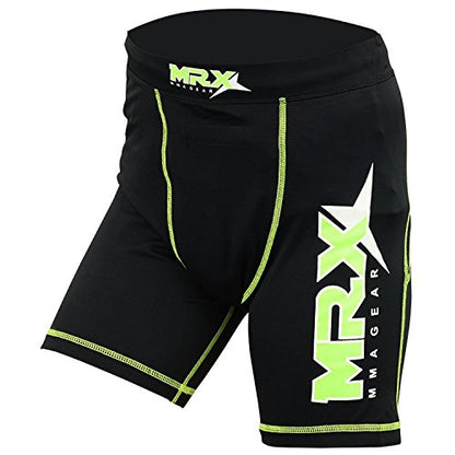 New Mrx MMA Compression Shorts with stabilize Cup Sports Short Martial Arts, Kick Boxing, Black-Green - size: Small