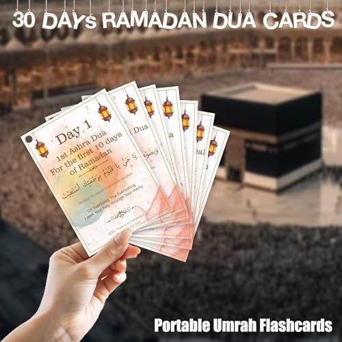 30 Ramadan Umrah Dua Cards, Islamic Muslim Quran Dua Cards, Muslim Ramadan Gift for Men and Women, Arabic Dua Reminders Cards with Transliteration and Explanations (watercolor)