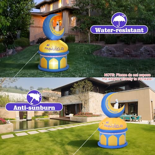 Lewondr 4.9FT Outdoor Inflatable Moon Decorations, Rotating Inflatable Moon Eid Mubarak Decor, Blow Up Muslim Holy Ramadan Celebration Decor with LED Lights, Outdoor Holidays Inflatables for Yard - style: Moon and Castle