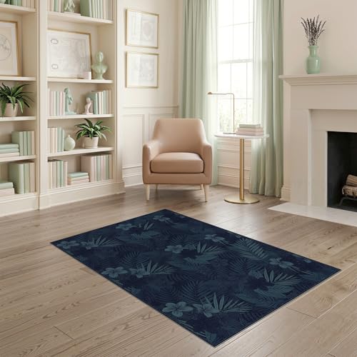 4'x6' Washable Bohemian Palm Tree Accent Rug, Dark Blue Non-Shedding Small Carpet Pet Friendly & Non-Slip for Playroom, Bedroom, Reading Nook | Ref:1992776 - color: Blue/Pattern 2, size: 4' x 6' (Rectangular)