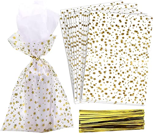 COQOFA 200 Pcs Star Printed 4"X 9" Gift Wrap Cello Cellophane Treat Bags Party Favor bags Clear Candy Cookie Bags Plastic Poly Goodie Storage Bags with Twist Ties for Bakery,Birthday, Wedding ,Party Decorations (Gold) - color: Gold, size: 4x9 in (200 pcs)