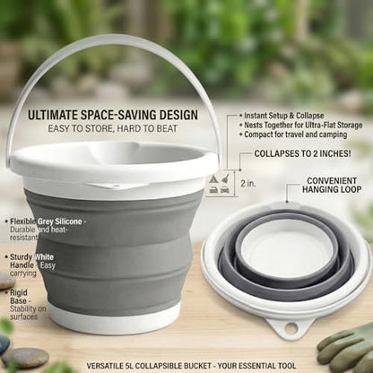 Collapsible Bucket 5L, Foldable Silicone Water Pail with Handle, Portable Space Saving Bucket for Cleaning, Camping, Car Wash, Fishing, Travel, Durable Lightweight Utility Container