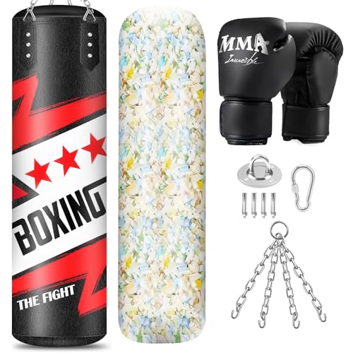 Filled Punching Bag for Adults, 4FT PU Leather Hanging Boxing Bag with 11lb Sponge Filler & 12OZ Boxing Gloves, Heavy Kicking Bag Boxing Equipment for MMA Training Karate Kickboxing - style: Fighting