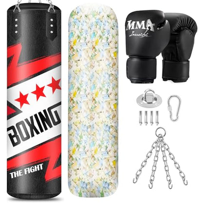 Filled Punching Bag for Adults, 4FT PU Leather Hanging Boxing Bag with 11lb Sponge Filler & 12OZ Boxing Gloves, Heavy Kicking Bag Boxing Equipment for MMA Training Karate Kickboxing - style: Fighting